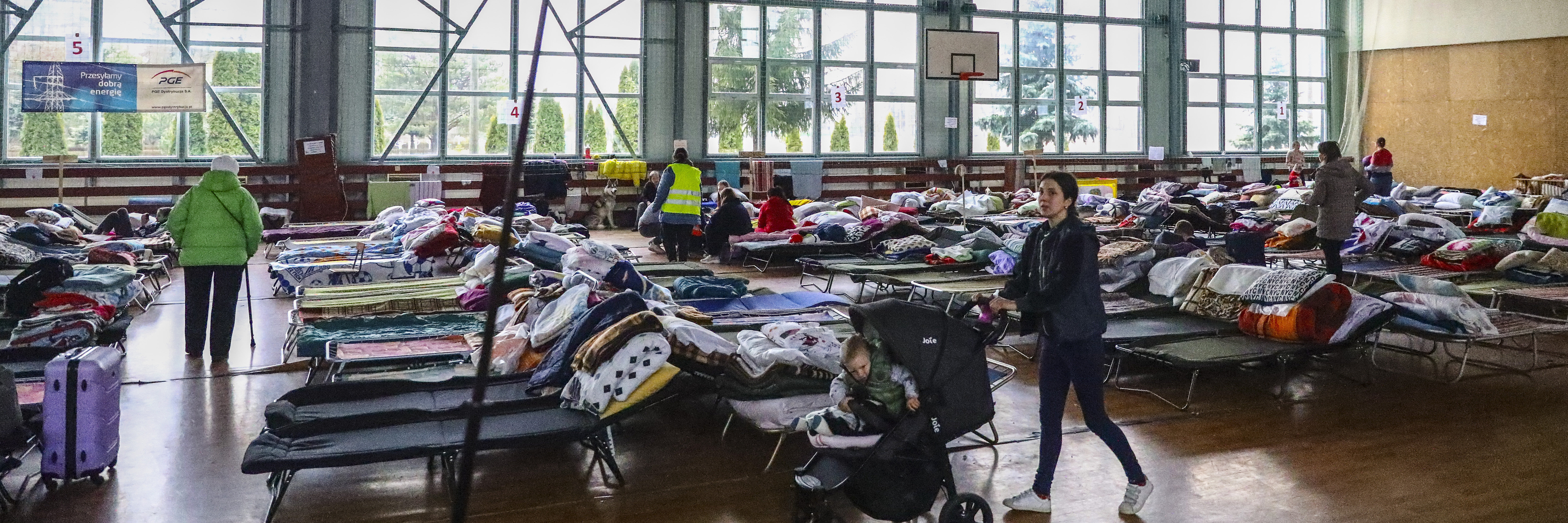 Flüchtlinge aus der Ukraine in einer Sporthalle in Polen. Feldbetten und ein Schild "Autobus" und Kinderwägen sind zu sehen.