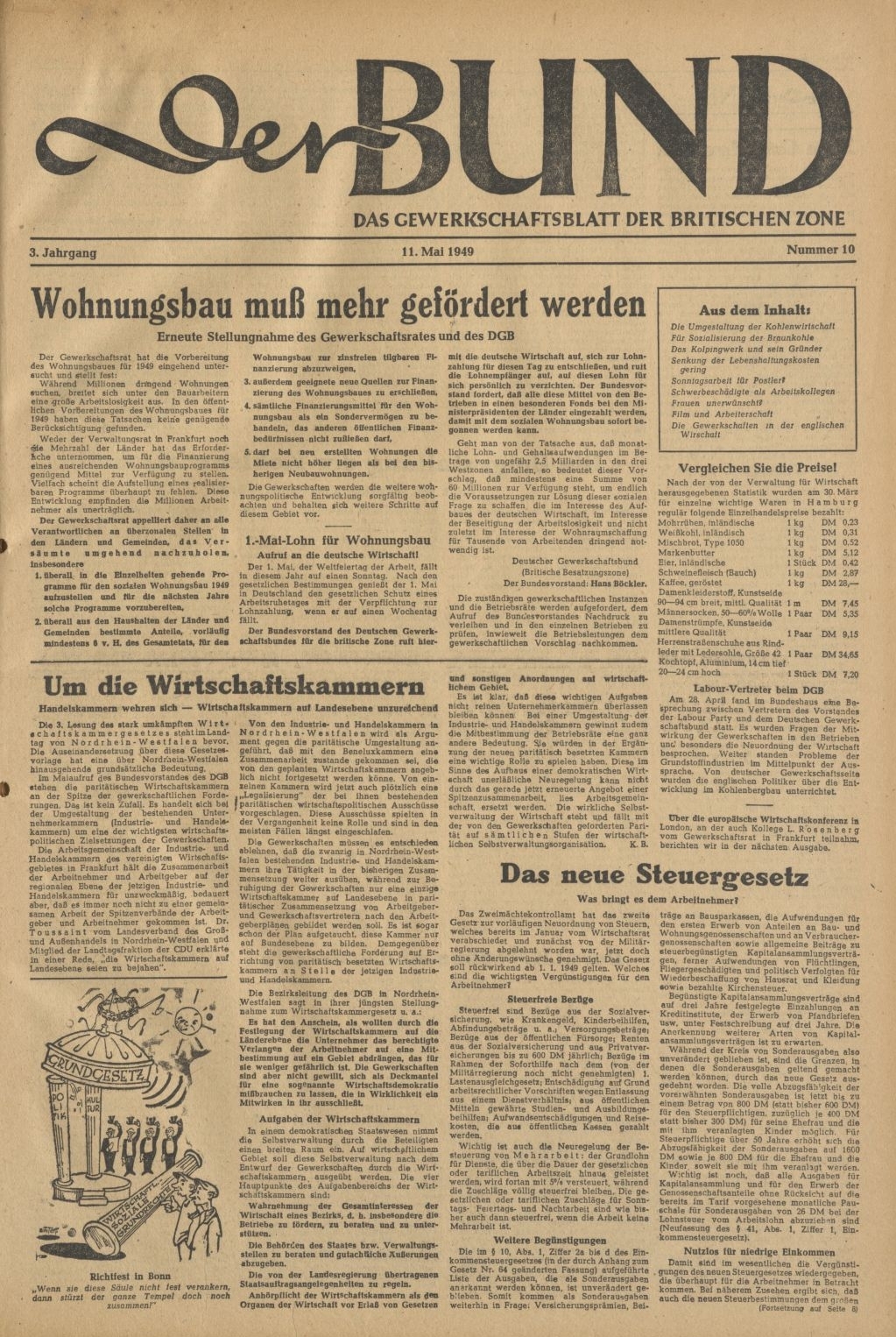 Titelseite von "Der Bund - Das Gewerkschaftsblatt der britischen Zone" vom 11. Mai 1949 (Quelle: Bibliothek im AdsD) 