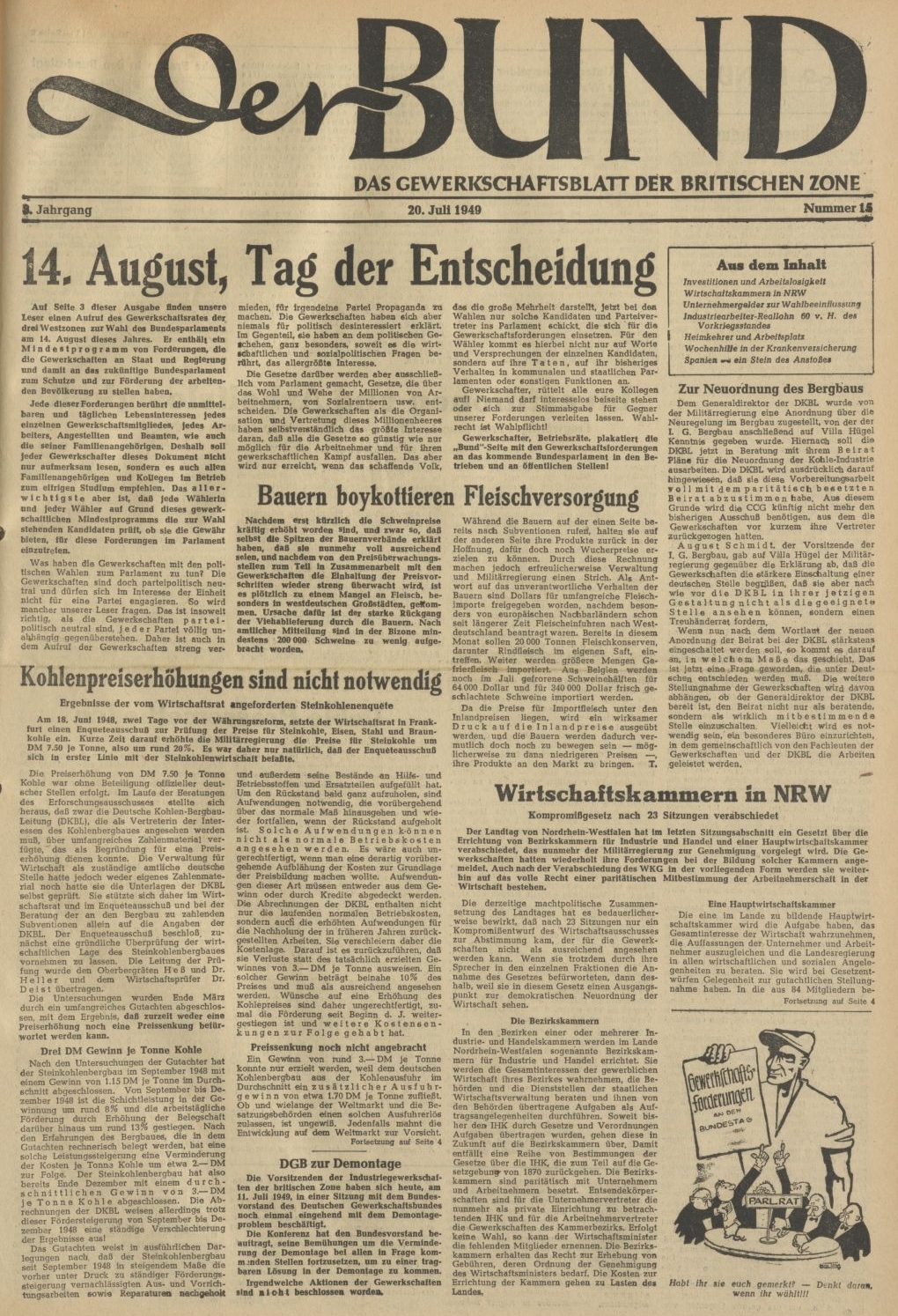Titelseite von "Der Bund - Das Gewerkschaftsblatt der britischen Zone" vom 20. Juli 1949 (Quelle: Bibliothek im AdsD) 