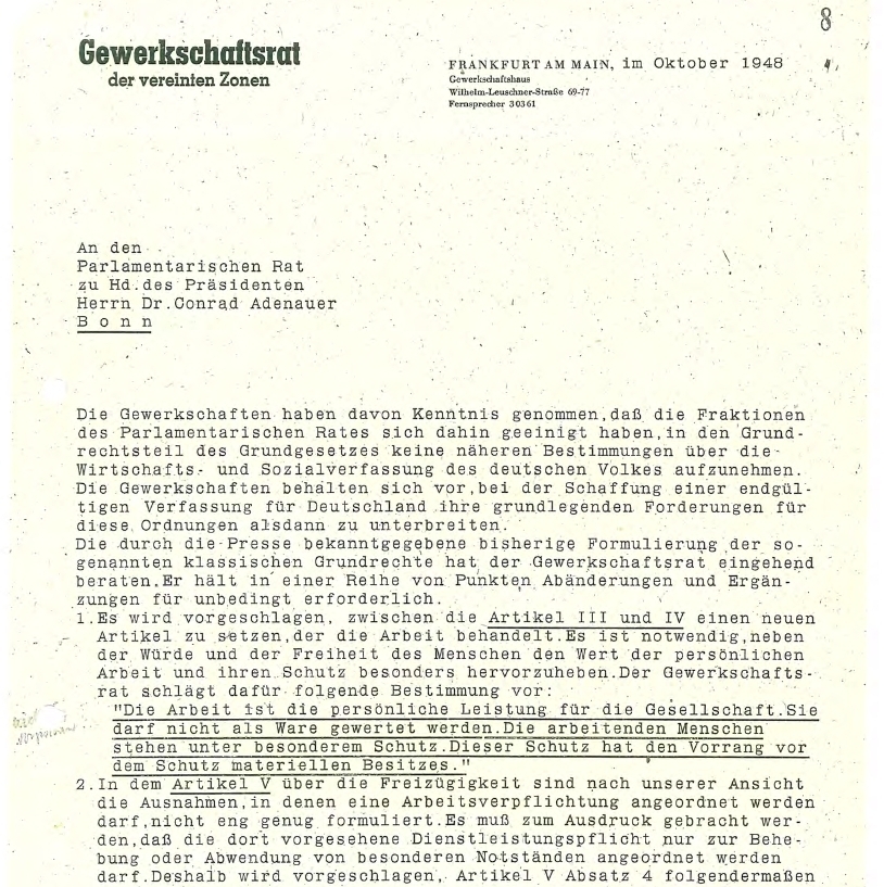 Schreiben von Hans Böckler an Konrad Adenauer im Oktober 1948 (Quelle: DGB-Archiv im AdsD, Gewerkschaftsrat der vereinten Zonen, 5/DGAB000009)