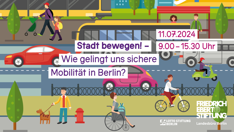 Belebte Straße mit diversen Verkehrsteilnehmenden und Fahrzeugen. Titel der Veranstaltung "Stadt bewegen - Wie gelingt uns sichere Mobilität in Berlin?", Datum: 11.7.24, Uhrzeit: 09:00-15:30 Uhr