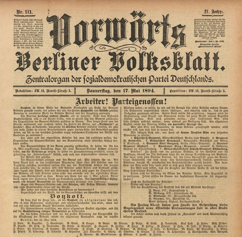 Titelblatt des "Vorwärts" mit dem Aufruf zum Bierboykott vom 17. Mai 1894