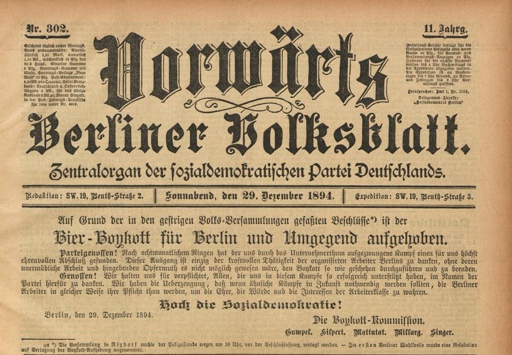 Titelblatt des Vorwärts vom 17. Mai 1894 mit dem Aufruf zum Bierboykott
