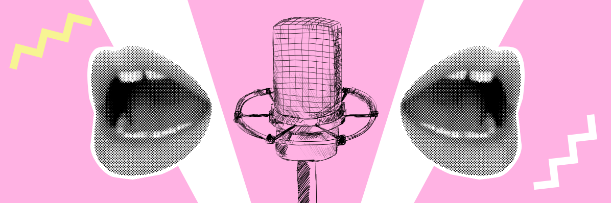 abstrakte Grafik mit gezeichnetem Mikrophon und Rastergrafik eines geöffneten Mundes auf pinkem Hintergrund
