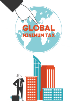 Grafik zeigt einen Geschäftsmann, der fragend auf eine Weltkugel mit den Worten Global Minimum Tax, Globale Mindeststeuer schaut. 