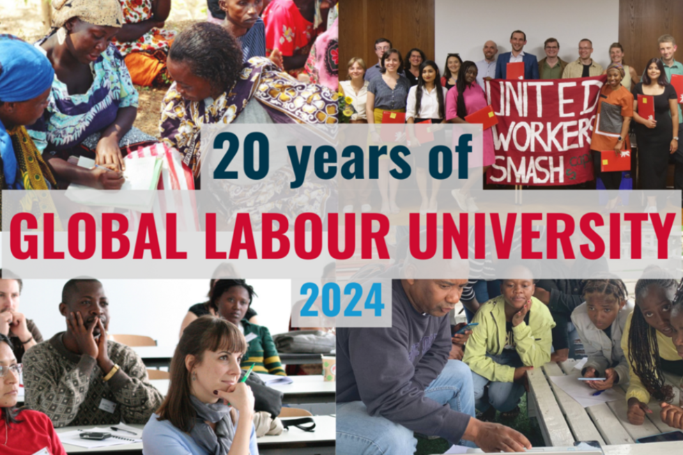 Titelbild der GLU Konferenz. Es besteht aus vier Fotos, welche Gewerkschafter_innen aus verschiedenen Ländern zeigt. In der Mitte steht der Text "20 years of Global Labour University 2024"
