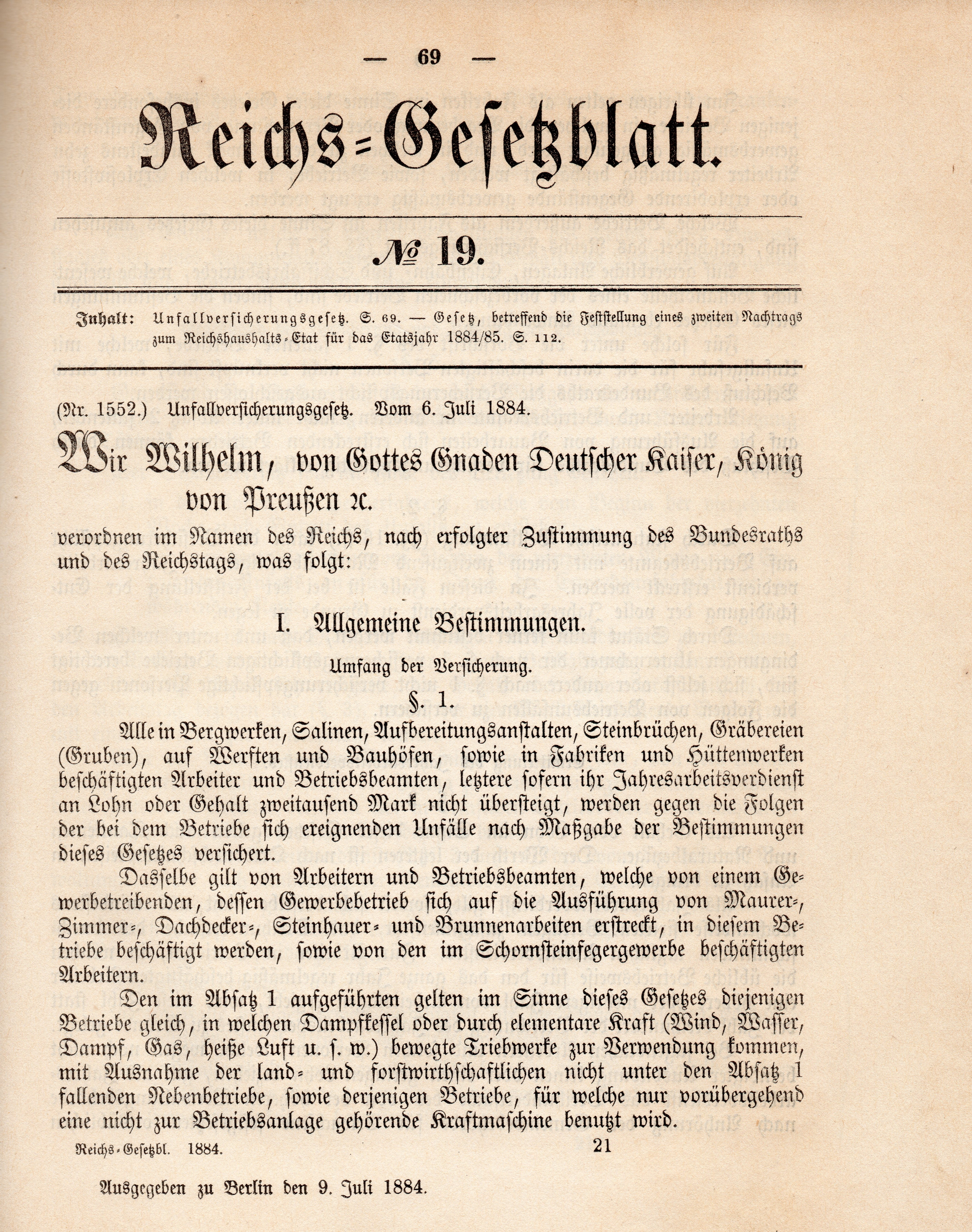 Veröffentlichung des Unfallsversicherungsgesetzes 1884 im Reichsgesetzblatt