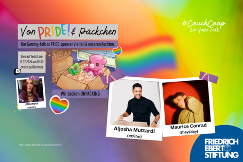 Banner-Grafik zu CouchCoop - Der Game-Talk im Pride Month mit Bildern von Lilischote, Aljosha Muttardi, Maurice Conrad