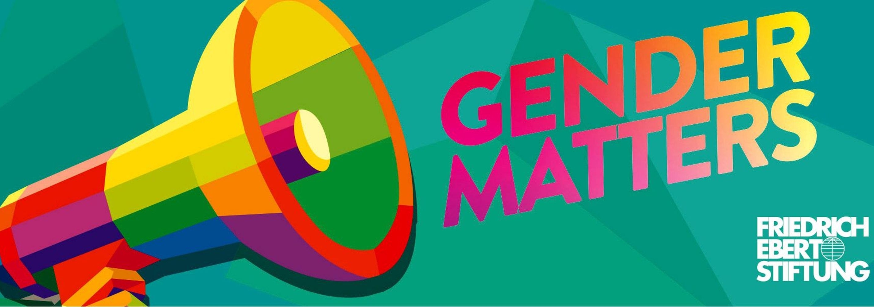 Gender Matters Logo, links Megaphone, sehr bunt, rechts Schriftzug im Farbverlauf