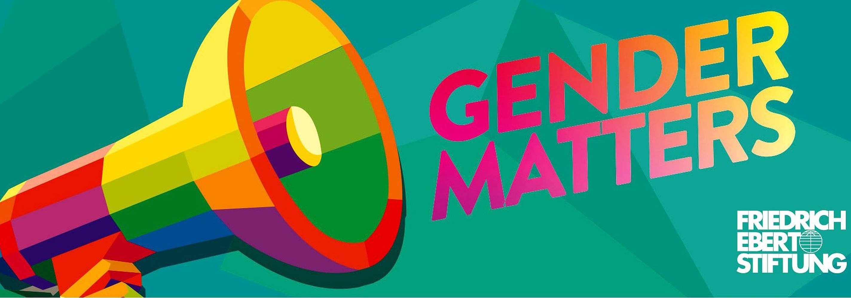 Gender Matters Logo, links Megaphone, sehr bunt, rechts Schriftzug im Farbverlauf