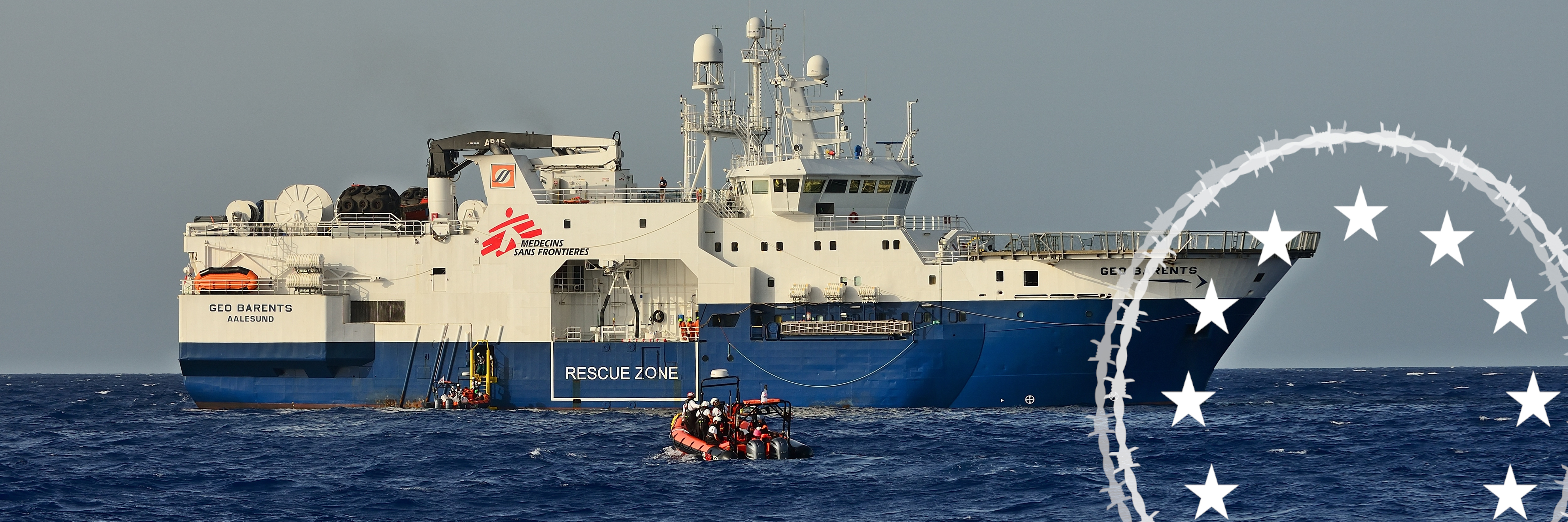 Sea rescue: private sea rescuers from the organisation "Médecins Sans Frontières (MSF)" in the central Mediterranean: the "Geo Barents" chartered as a rescue ship with overlay of the series of articles on the EU asylum reform